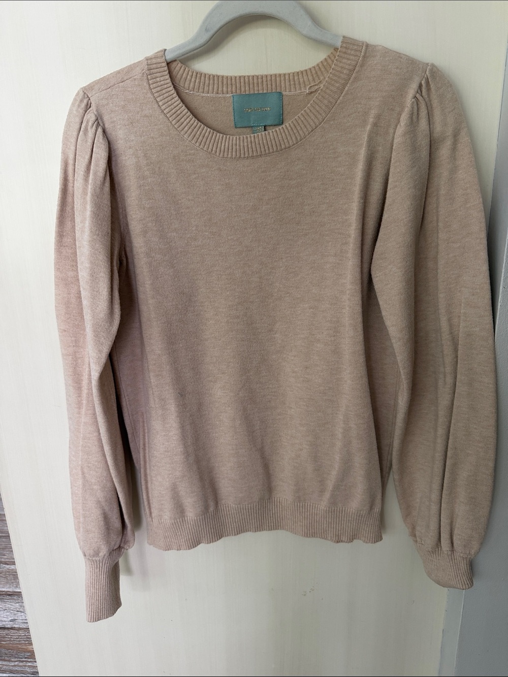 Skies Are Blue Taupe Puff-Sleeve Crewneck Sweater